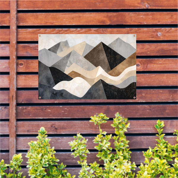 Abstracte bergen in aardetinten minimalistisch design tuinposter