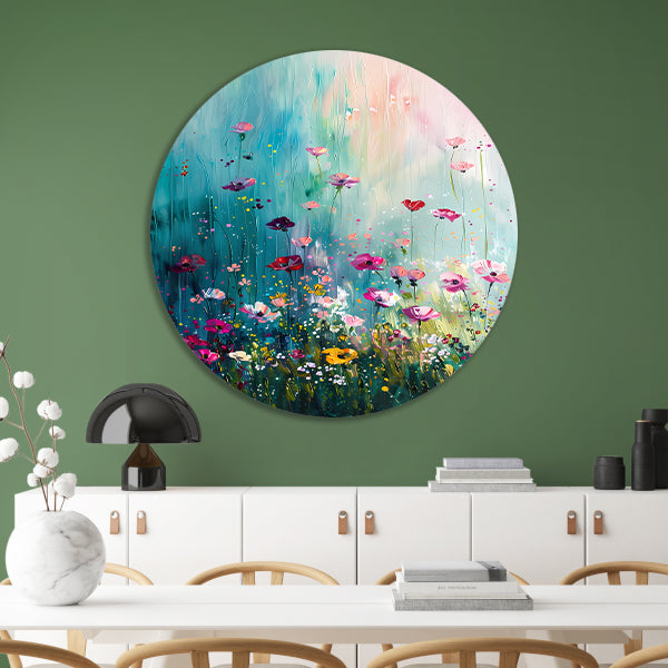Kleurrijk abstract bloemenveld met vlinders forex muurcirkel