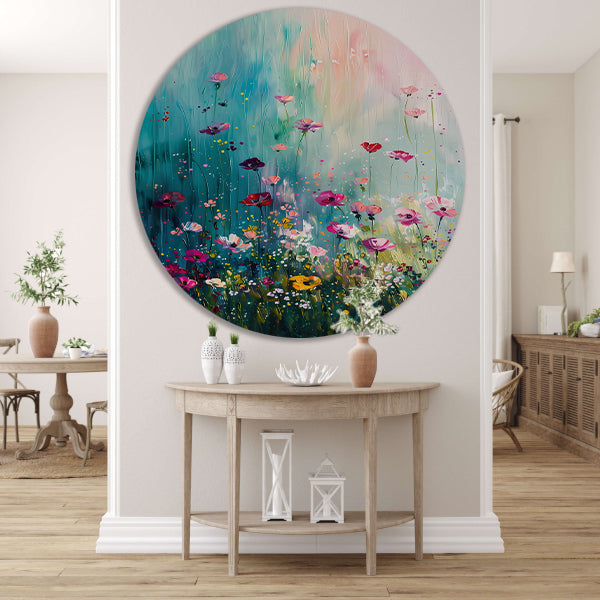Kleurrijk abstract bloemenveld met vlinders forex muurcirkel