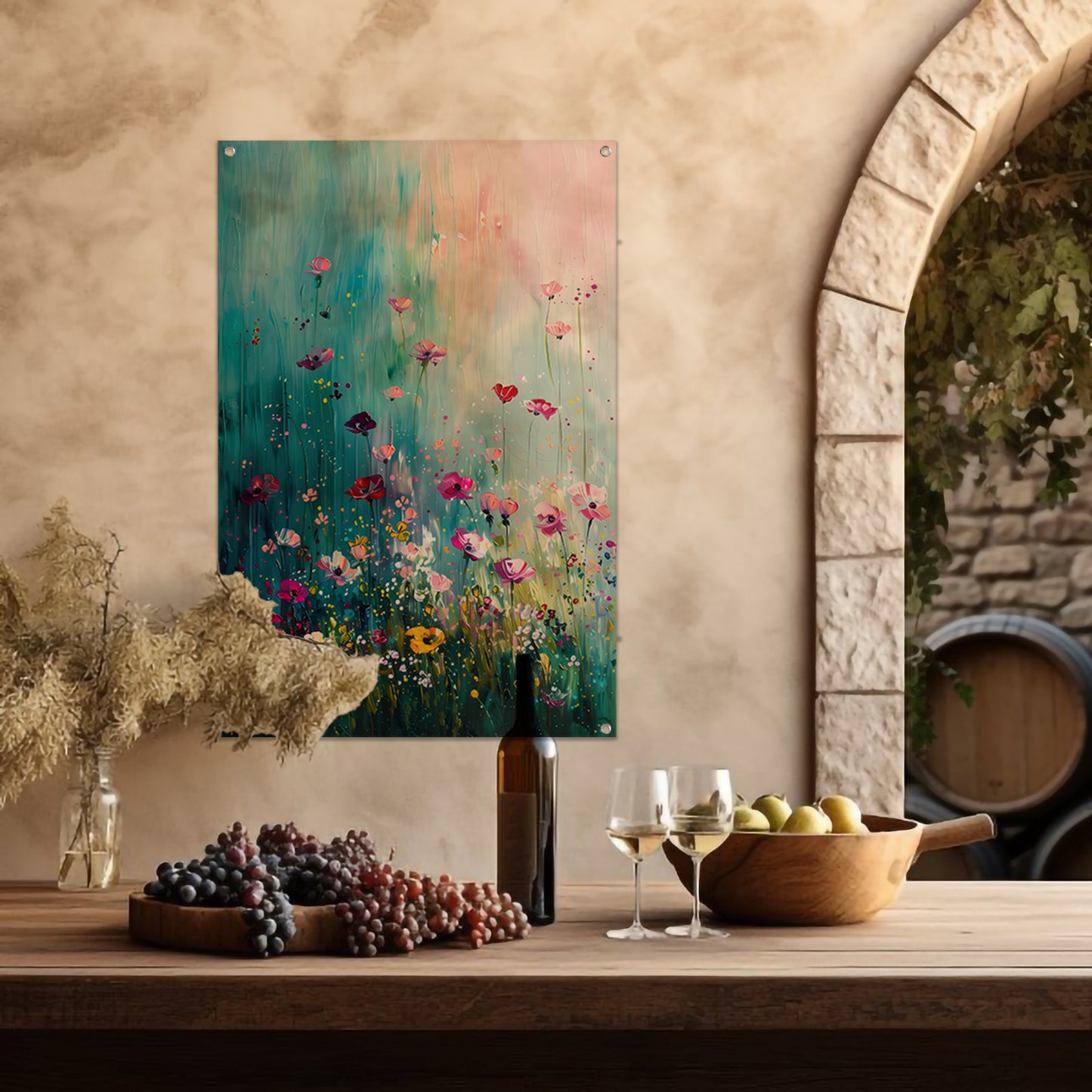 Kleurrijk abstract bloemenveld met vlinders tuinposter