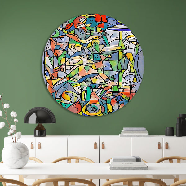 Abstracte kleurrijke figuren en vormen schilderij aluminium muurcirkel