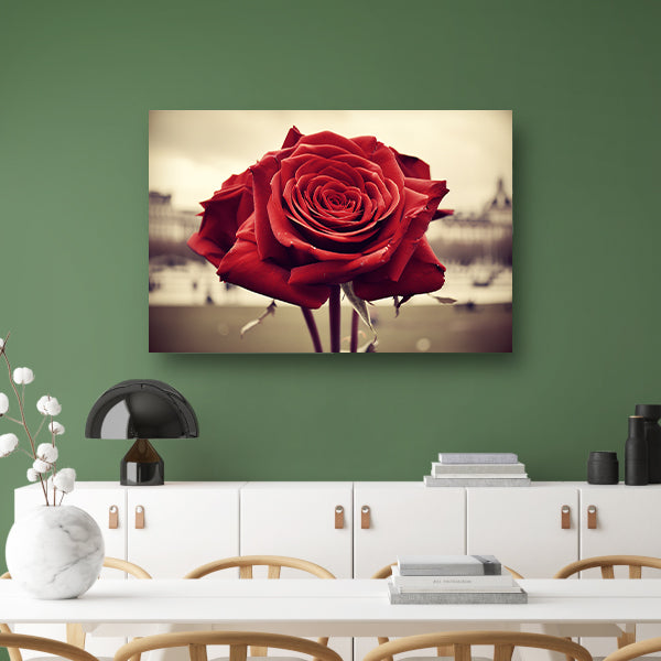 Gedetailleerde close-up van een rode roos acrylglas