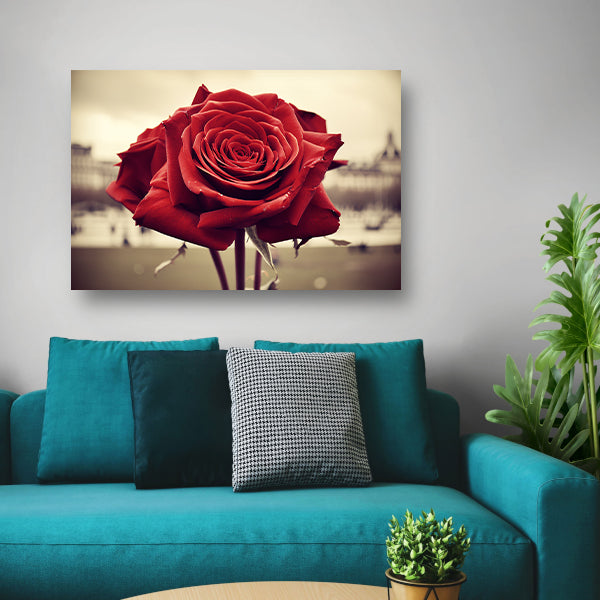 Gedetailleerde close-up van een rode roos acrylglas