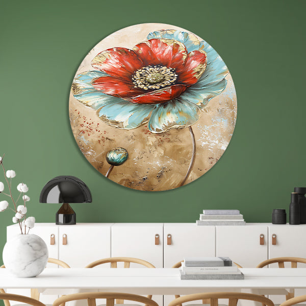 Moderne schilderij van een kleurrijke bloem aluminium muurcirkel