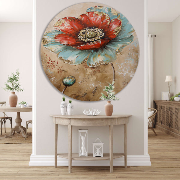 Moderne schilderij van een kleurrijke bloem aluminium muurcirkel