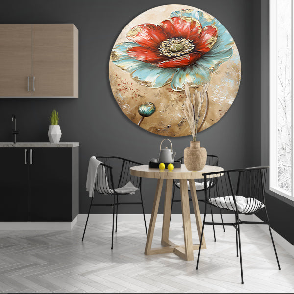 Moderne schilderij van een kleurrijke bloem aluminium muurcirkel