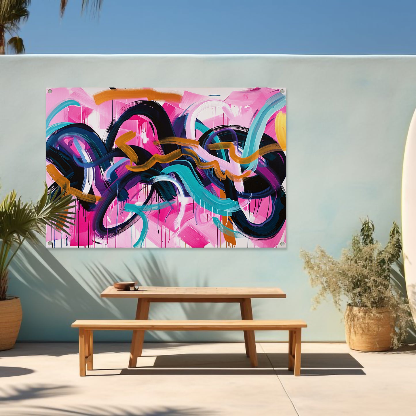 Kleurrijk abstract kunstwerk met dynamische lijnen tuinposter