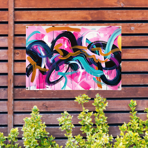 Kleurrijk abstract kunstwerk met dynamische lijnen tuinposter