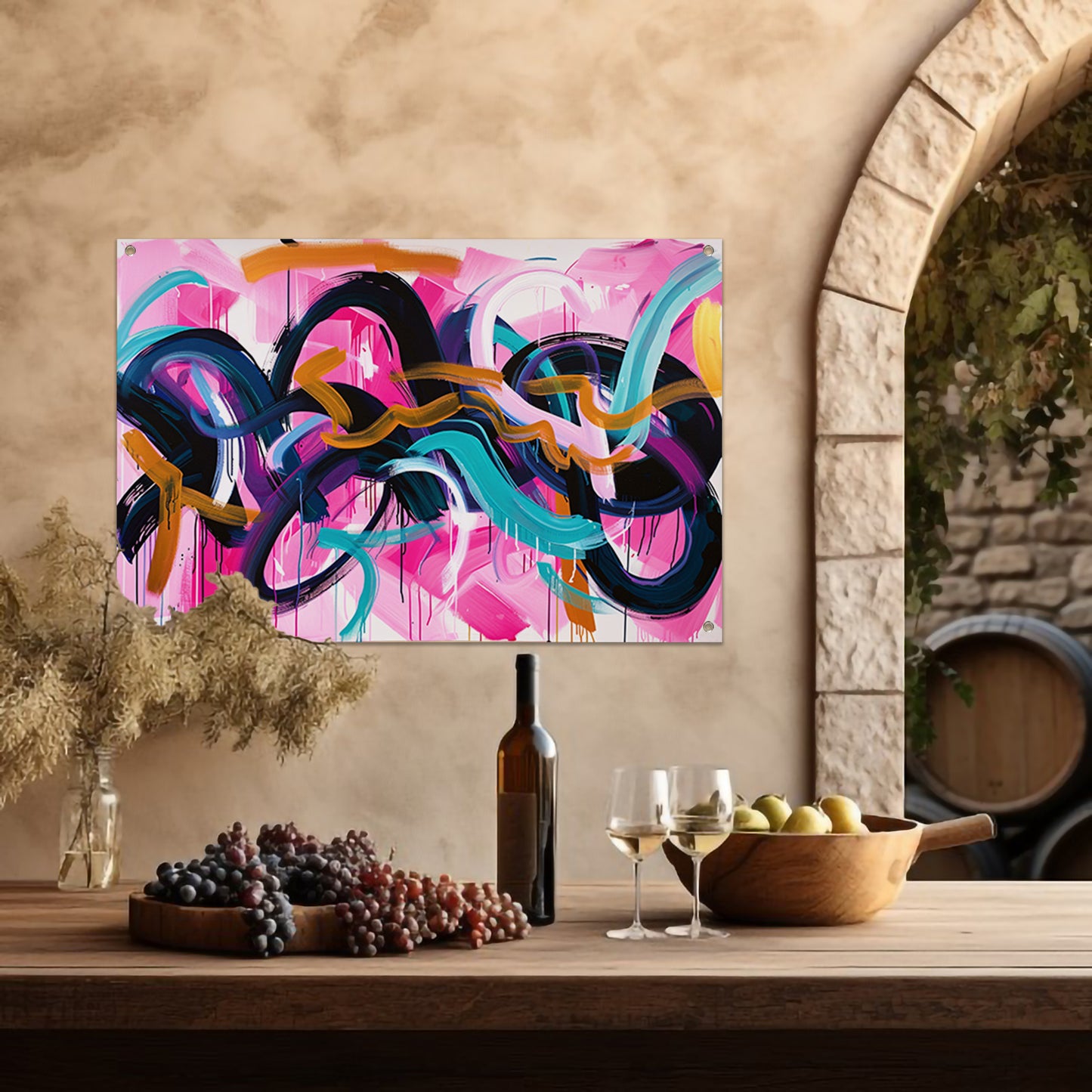 Kleurrijk abstract kunstwerk met dynamische lijnen tuinposter