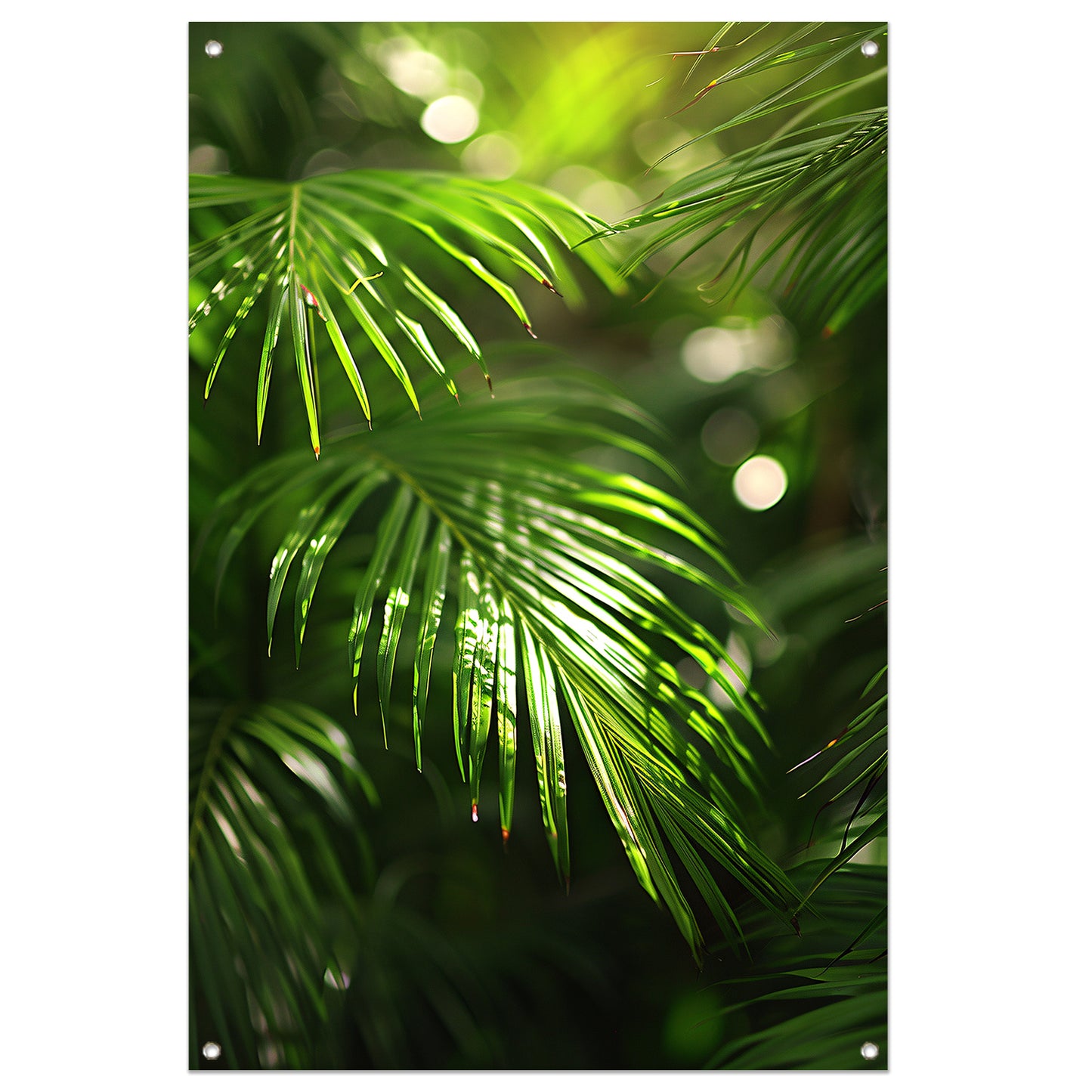 Close-up van zonovergoten palmbladeren tuinposter