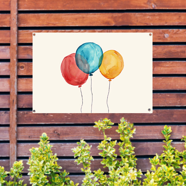 Drie kleurrijke ballonnen met dunne koorden tuinposter