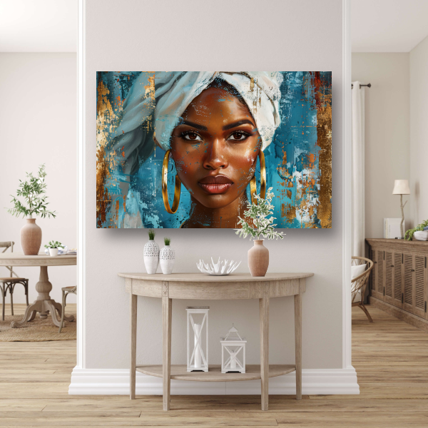 Krachtige Blik van een Elegante Vrouw met Witte Doek canvas