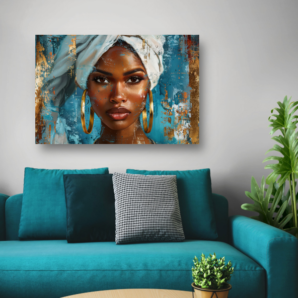 Krachtige Blik van een Elegante Vrouw met Witte Doek canvas
