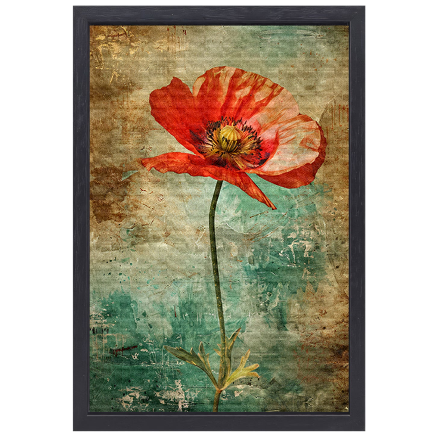 Prachtige rode papaverbloem op rustieke achtergrond canvas met baklijst