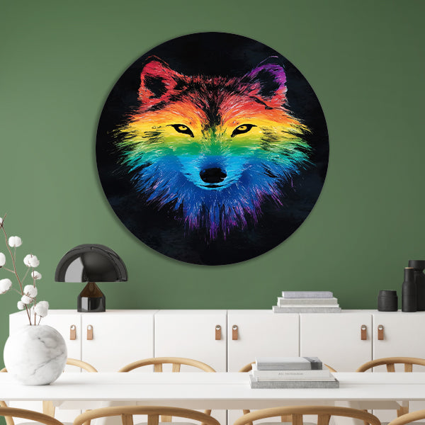 Kleurrijke abstracte wolf illustratie voor interieur aluminium muurcirkel