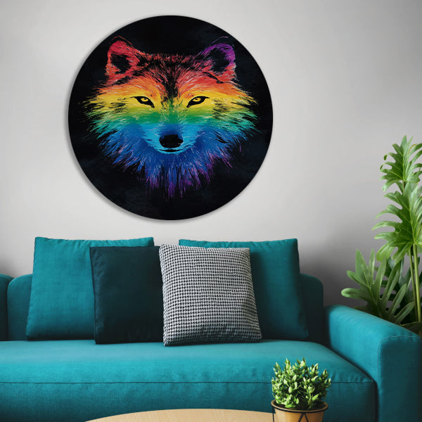 Kleurrijke abstracte wolf illustratie voor interieur aluminium muurcirkel