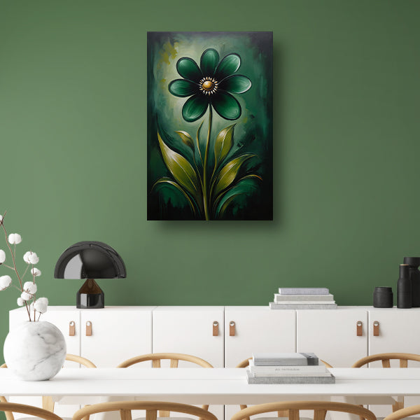 Abstracte Donkergroene Bloem met Gouden Kern canvas