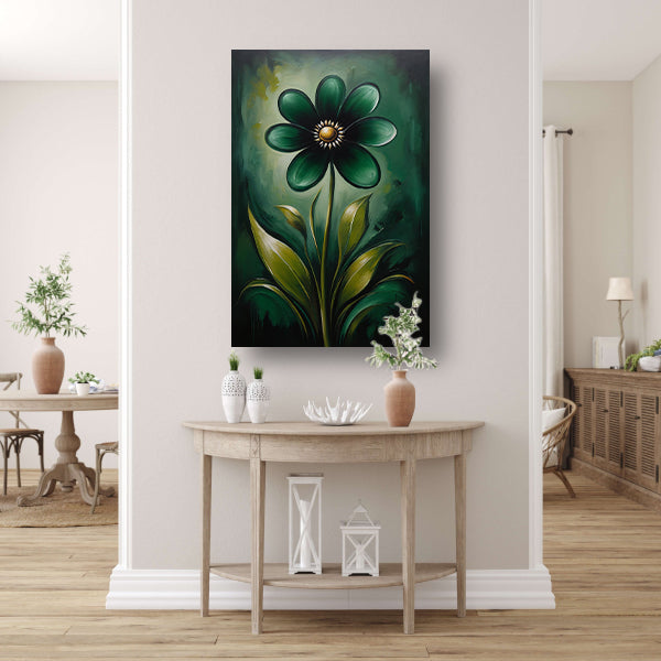 Abstracte Donkergroene Bloem met Gouden Kern canvas
