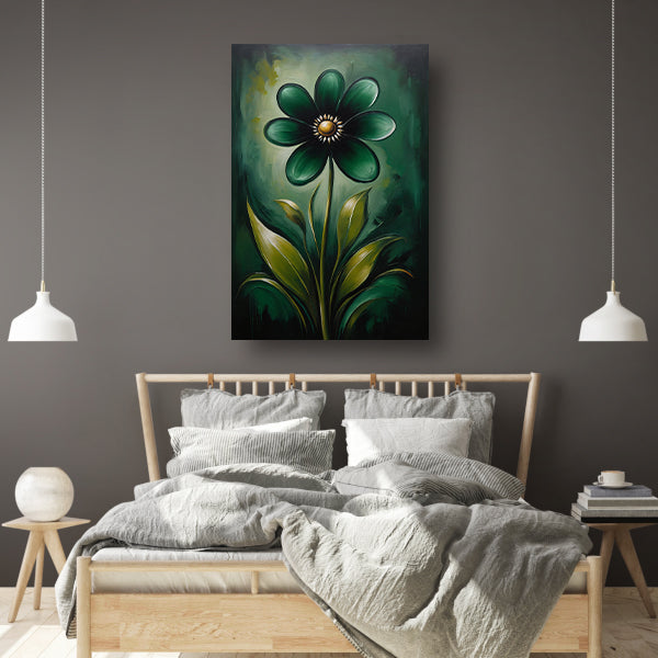 Abstracte Donkergroene Bloem met Gouden Kern canvas