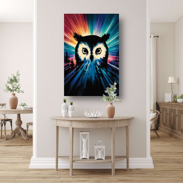 Kleurrijke uil met dynamische achtergrond poster
