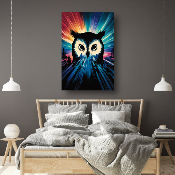 Kleurrijke uil met dynamische achtergrond poster