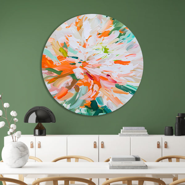 Abstract bloemen schilderij met levendige kleuren aluminium muurcirkel
