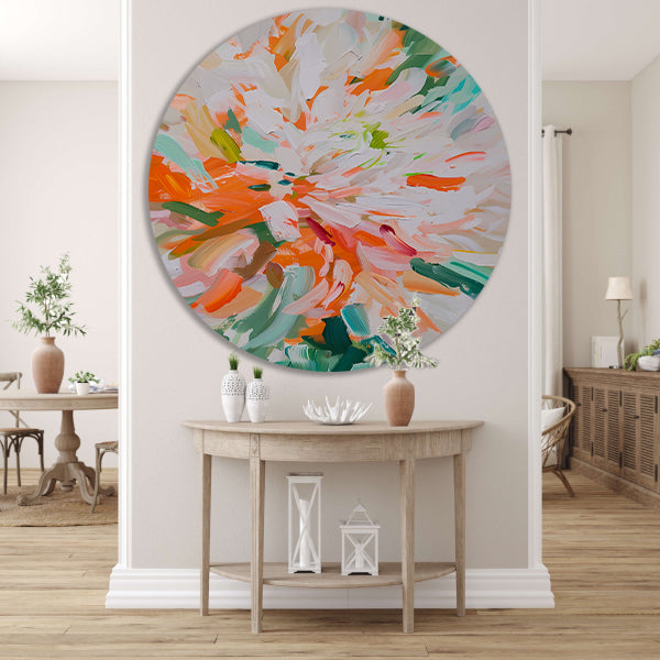 Abstract bloemen schilderij met levendige kleuren aluminium muurcirkel