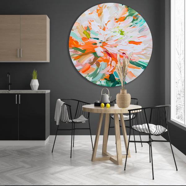 Abstract bloemen schilderij met levendige kleuren aluminium muurcirkel