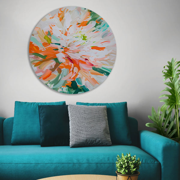 Abstract bloemen schilderij met levendige kleuren aluminium muurcirkel
