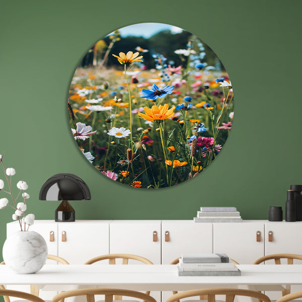 Kleurrijke Bloemenweide in de Zomerzon aluminium muurcirkel