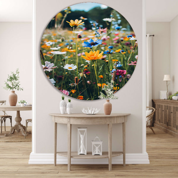 Kleurrijke Bloemenweide in de Zomerzon aluminium muurcirkel
