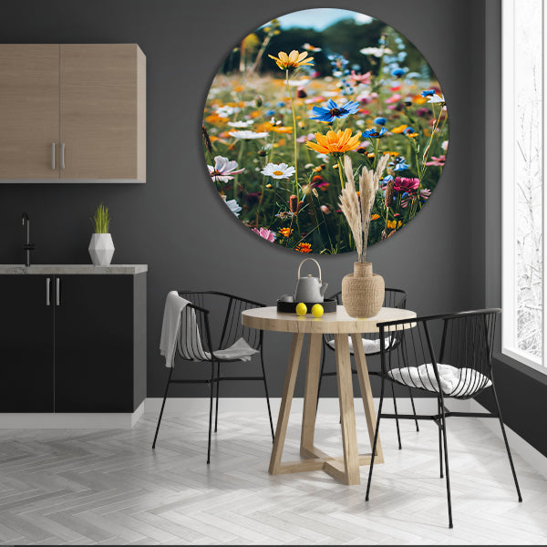 Kleurrijke Bloemenweide in de Zomerzon aluminium muurcirkel