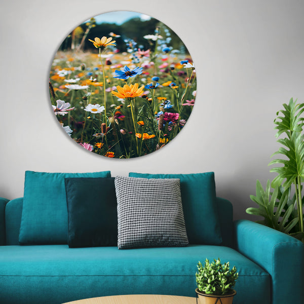 Kleurrijke Bloemenweide in de Zomerzon aluminium muurcirkel