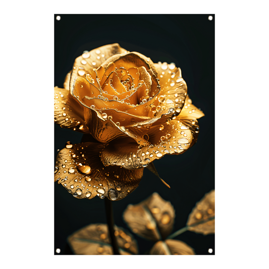 Prachtige gouden roos met reflecterende waterdruppels tuinposter