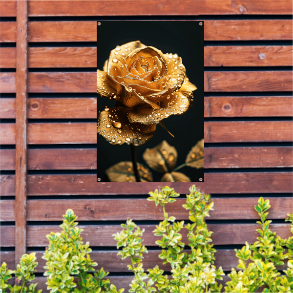 Prachtige gouden roos met reflecterende waterdruppels tuinposter