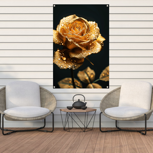 Prachtige gouden roos met reflecterende waterdruppels tuinposter