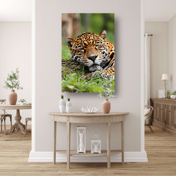 Slapende jaguar op gras schilderij canvas