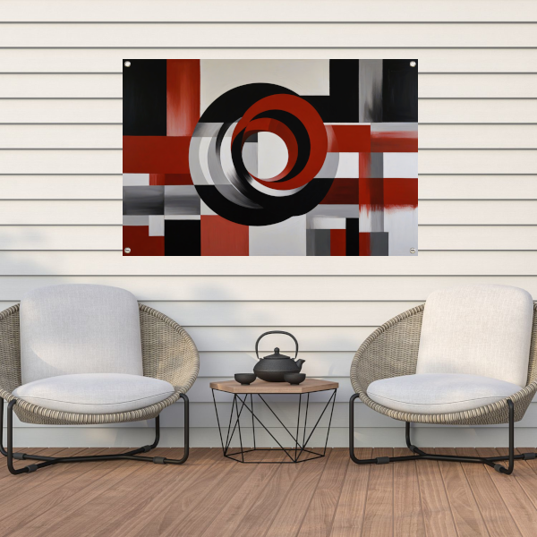 Abstract minimalisme met rode en zwarte cirkels tuinposter