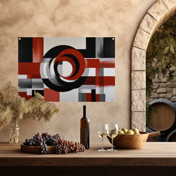 Abstract minimalisme met rode en zwarte cirkels tuinposter