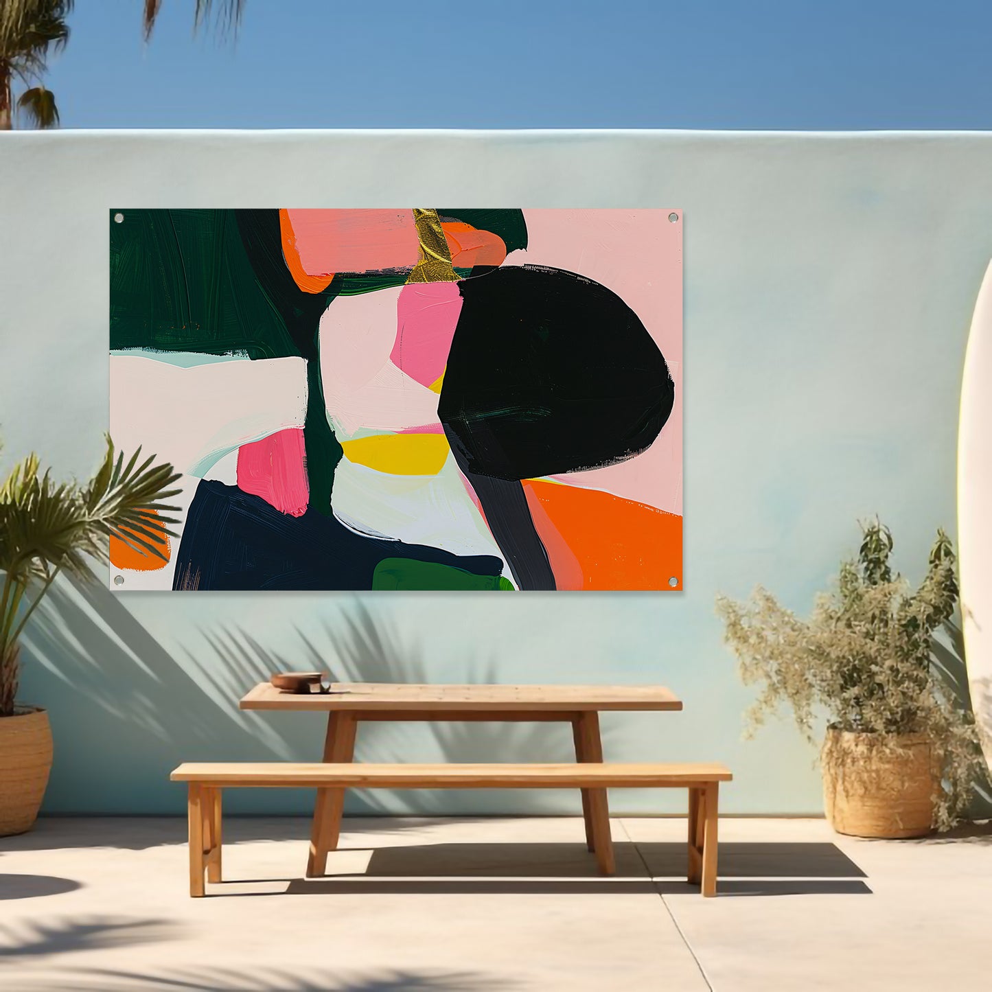 Kleurrijk abstract schilderij met dynamische vormen tuinposter