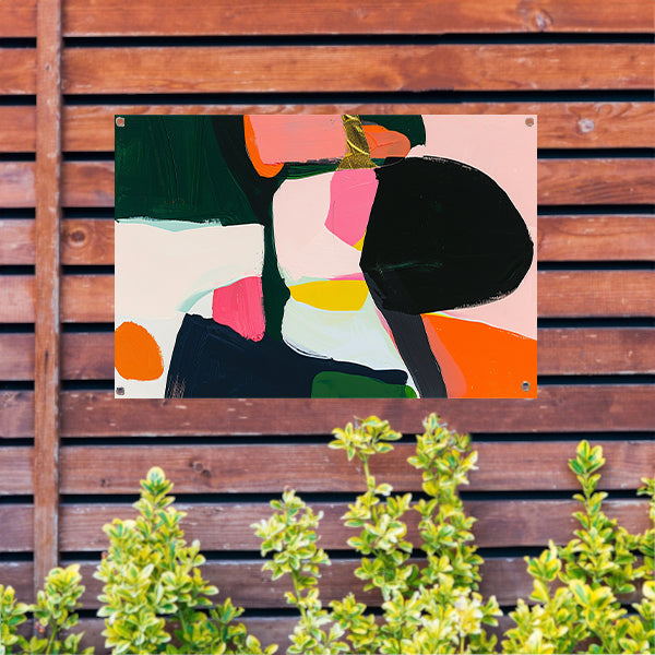 Kleurrijk abstract schilderij met dynamische vormen tuinposter