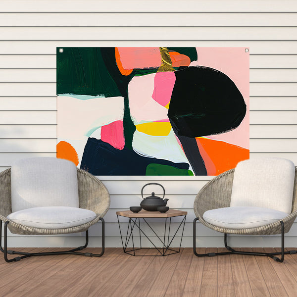 Kleurrijk abstract schilderij met dynamische vormen tuinposter