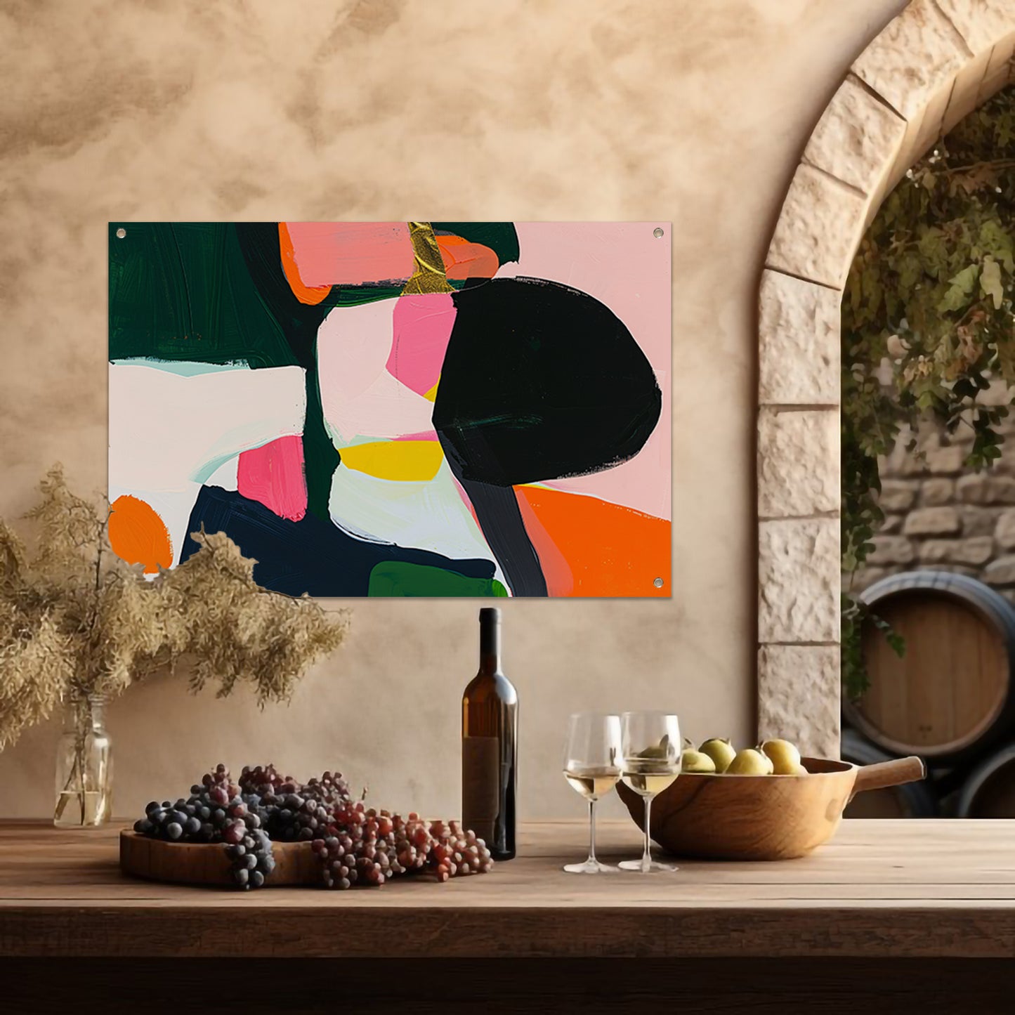 Kleurrijk abstract schilderij met dynamische vormen tuinposter