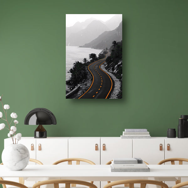 Monochrome weg door berglandschap canvas