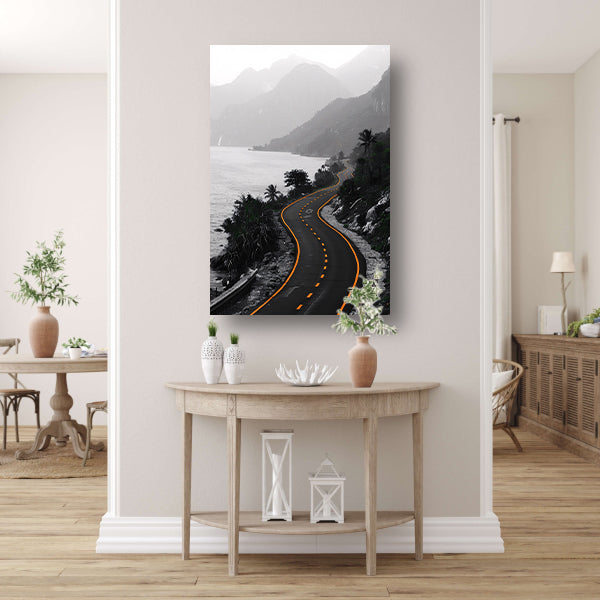 Monochrome weg door berglandschap canvas