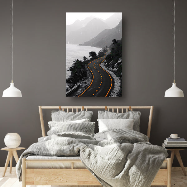 Monochrome weg door berglandschap canvas