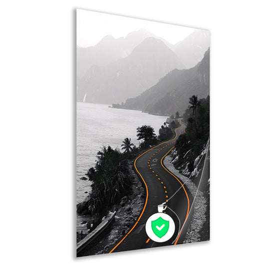 Monochrome weg door berglandschap poster