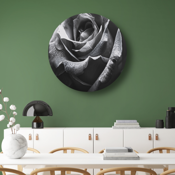 Elegante zwart-witte roos met gedetailleerde druppels aluminium muurcirkel