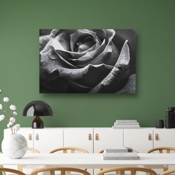 Elegante zwart-witte roos met gedetailleerde druppels canvas