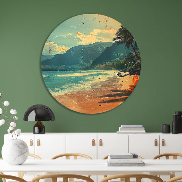 Vintage Strandtafereel met Palmbomen forex muurcirkel